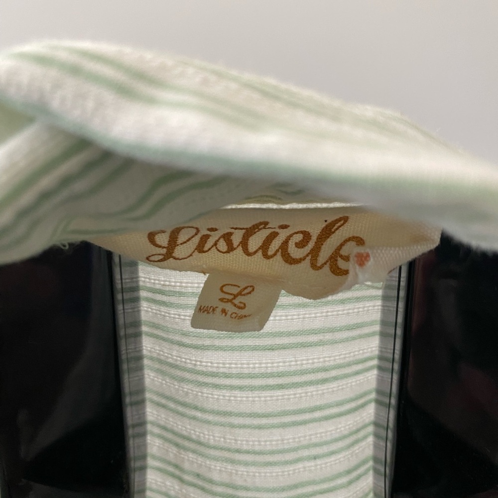 Listicle Green & White Striped Button Down Ruffle Blouse Size Large - Picture 3 of 15